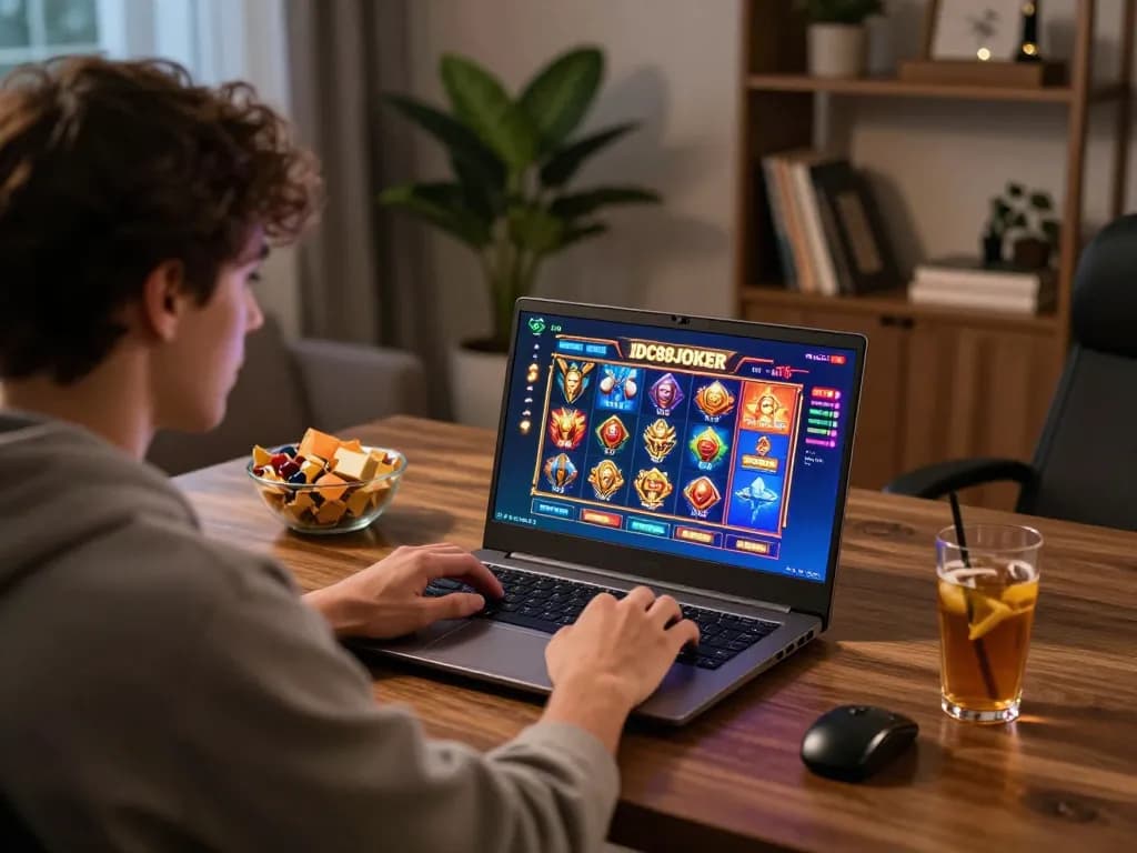 Player strategizing with IDC88 JOKER slot game on a stylish laptop in a cozy home setup.