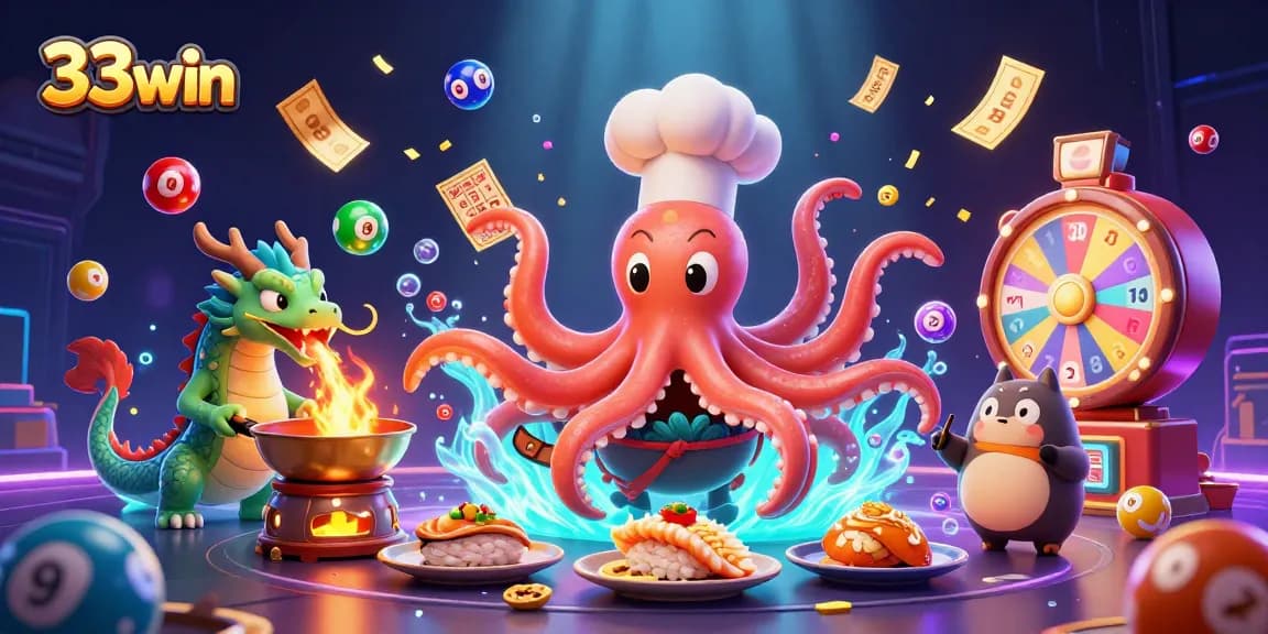 Join the excitement at 33win with colorful lottery balls and a dynamic casino scene!