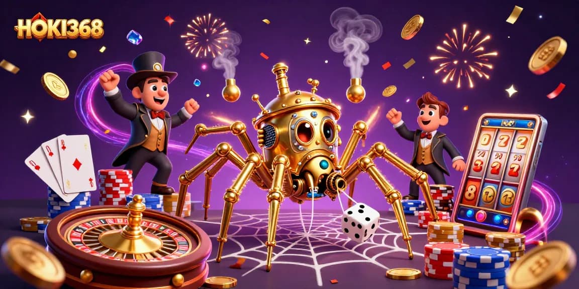 Join the excitement at HOKI368 with a thrilling steampunk casino illustration showcasing playful characters in action.