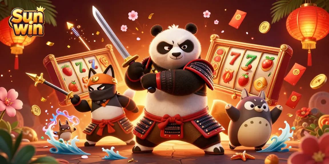 Engaging scene of Sun win themed characters and elements, featuring samurai panda, ninja fox, and tanuki.