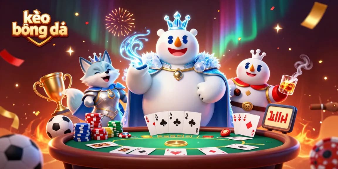 Engage in exciting kèo bóng đá with a polar bear king and snow fox companion amidst vibrant sports betting elements.