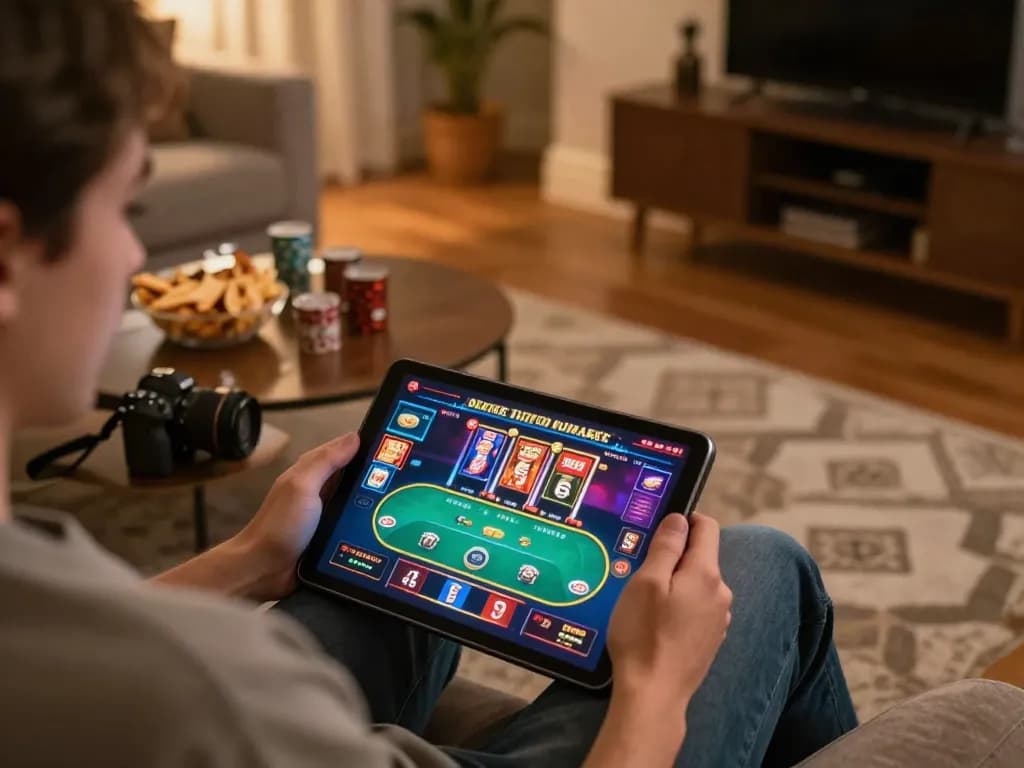 Engaging in LOTO188 SO online gambling with a tablet in a cozy living room, showcasing gaming interface