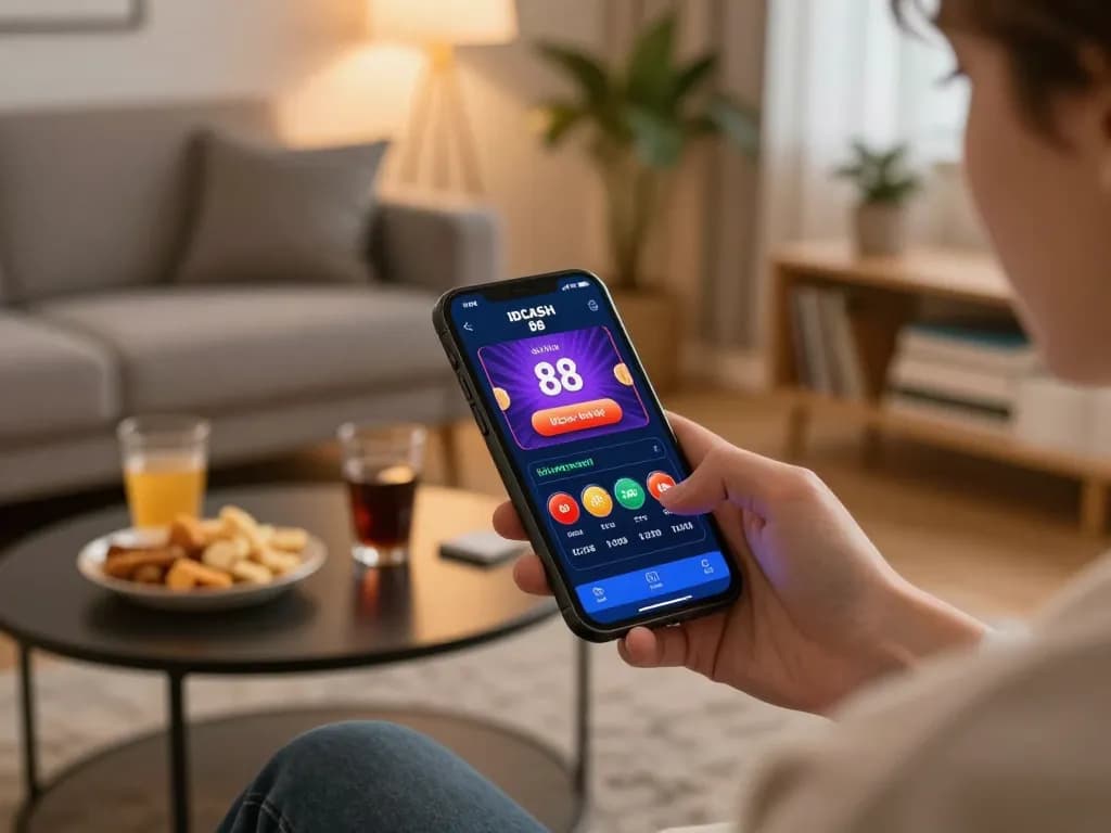Engaging gameplay on IDCASH 88 mobile app with cozy home setup, emphasizing responsible gambling.