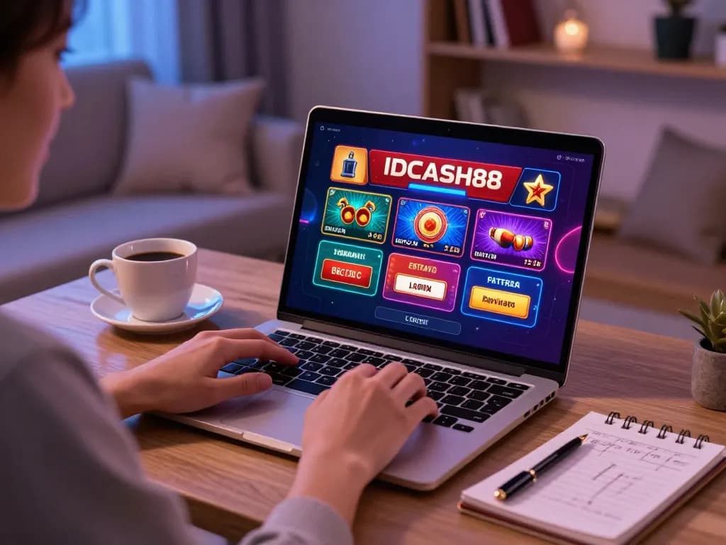 Engaging gaming experience with IDCASH88 Login, person playing casino games on laptop.