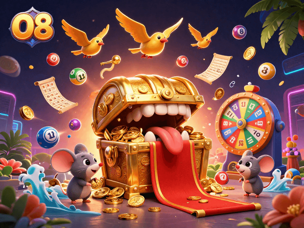 Join the excitement of O8 as adventurer mice explore a world of riches with vibrant lottery elements.