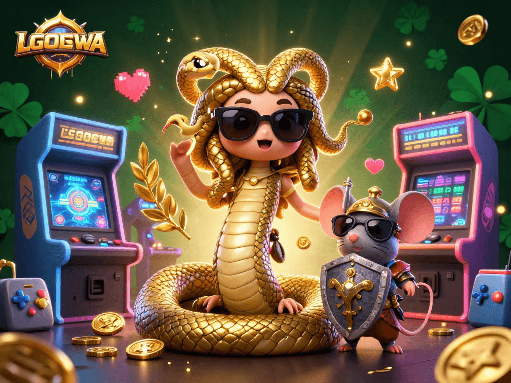 Engage with LGODEWA's vibrant casino scene, featuring Medusa and a warrior mouse amidst glowing arcade elements.