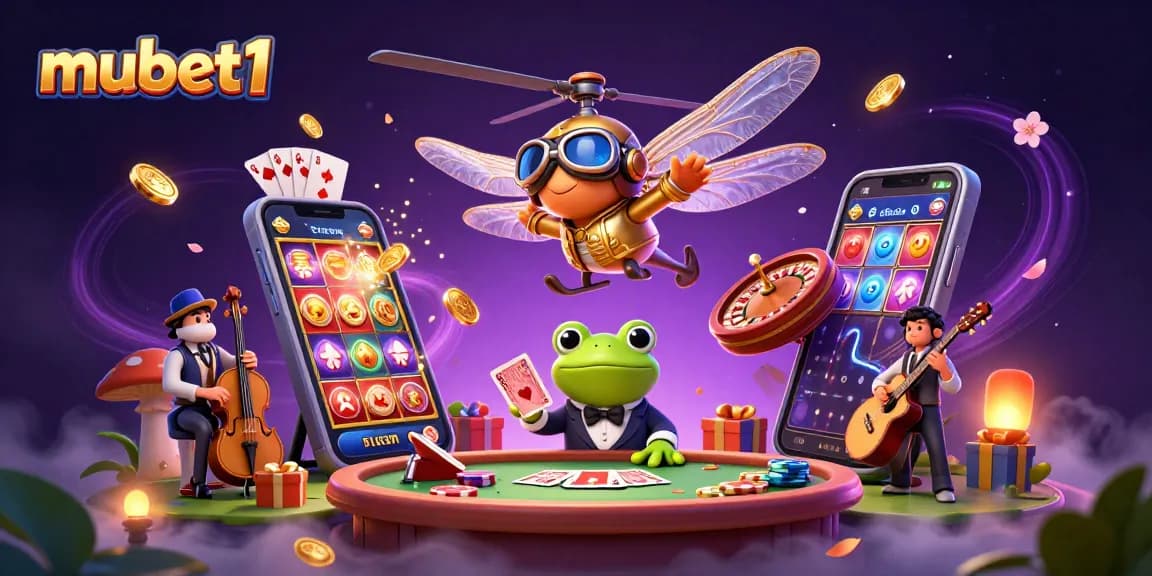 Experience thrilling gaming action at mubet1 with a vibrant casino scene featuring a dragonfly pilot and a frog dealer.
