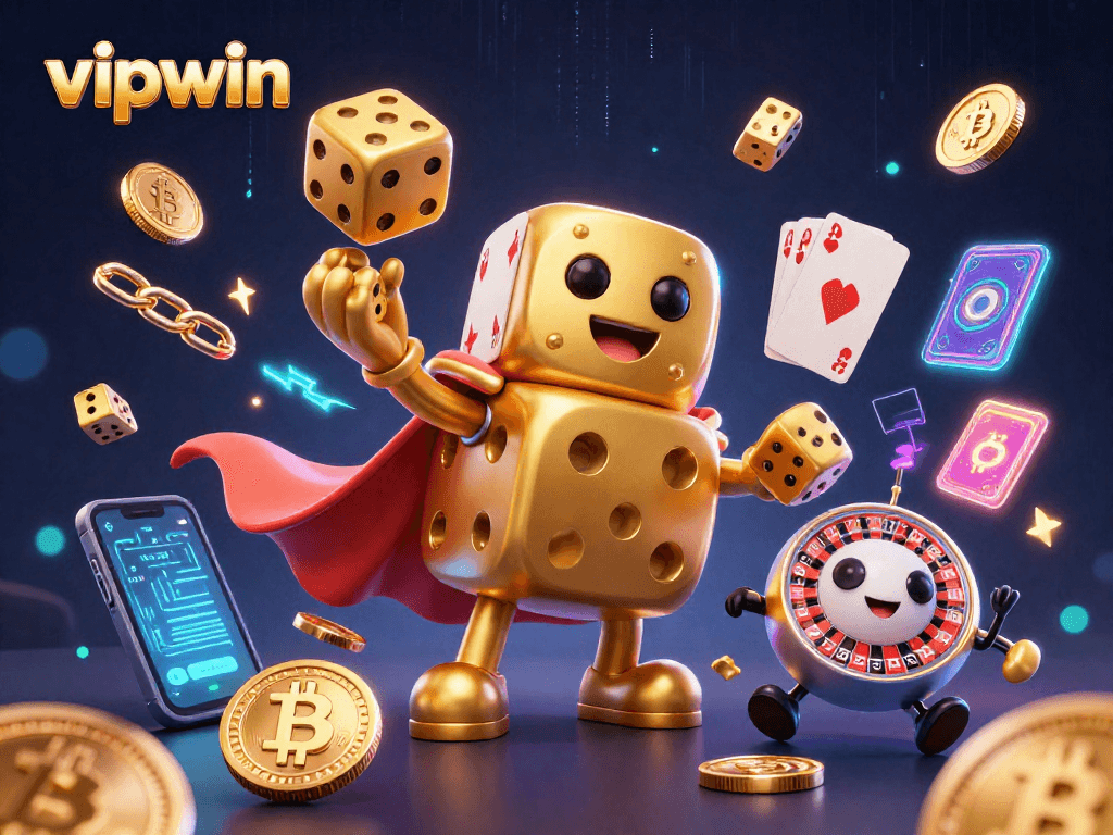 Experience thrilling gameplay with vipwin's golden dice golem and crypto elements in a dynamic casino scene.