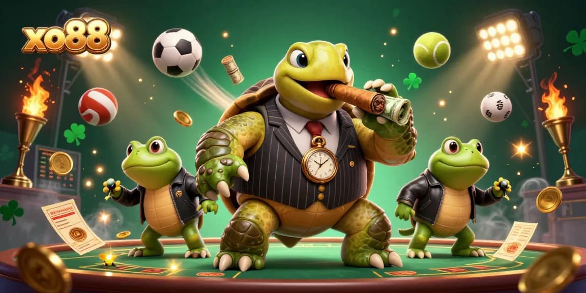 Experience exhilarating action at xo88 with a dynamic scene of sports betting characters and casino elements.
