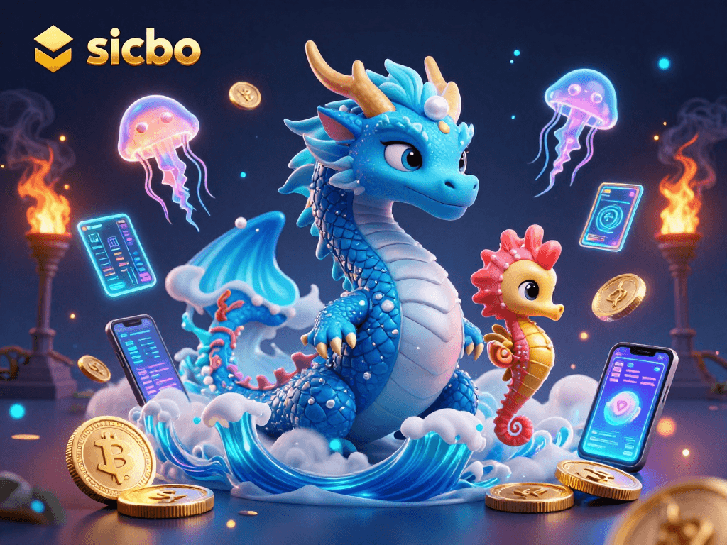 Experience the thrill of sicbo with a vibrant digital illustration showcasing a dragon and floating coins.