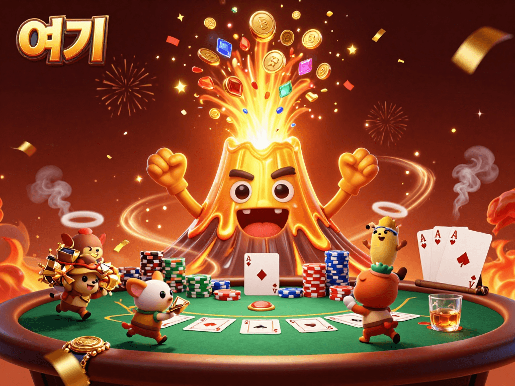 Here, the golden volcano erupts treasure while tiny explorers celebrate around a poker scene.