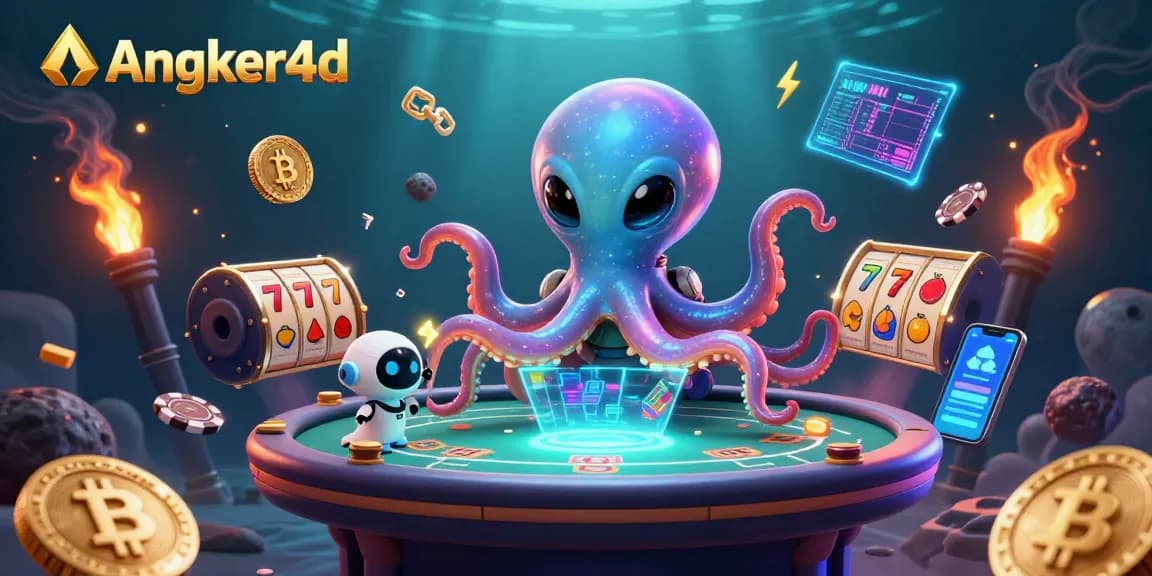 Menangkan permainan slot di Angker4d dengan alien kartun dan robot kecil di meja poker holografik.