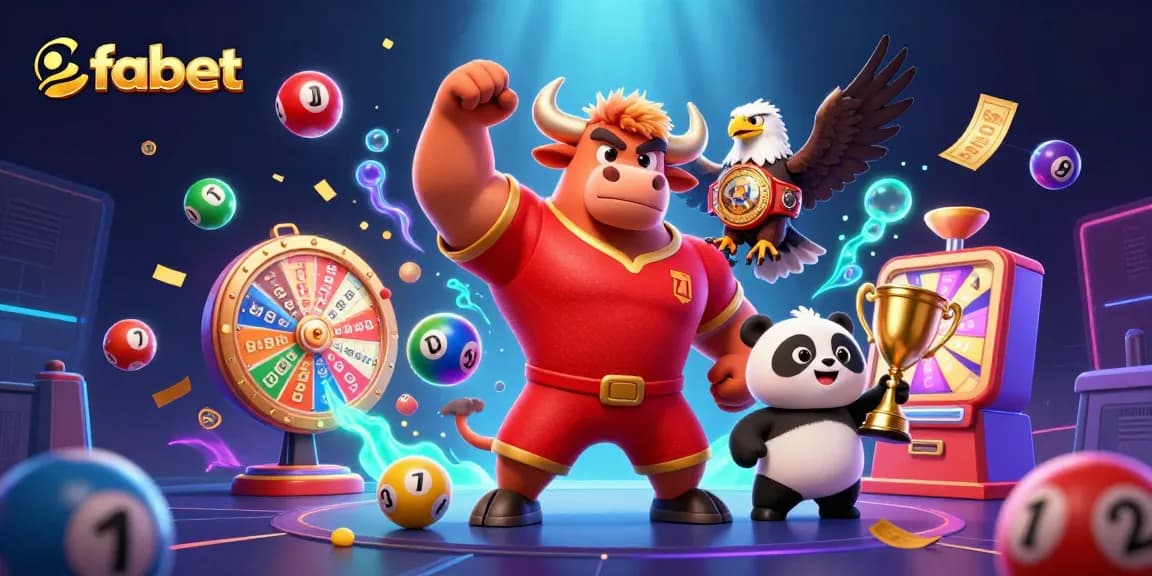 Engage with fabet's vibrant casino experience featuring a victorious bull mascot and colorful lottery elements.