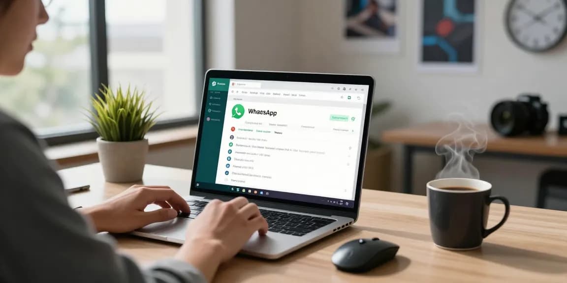 Using WhatsApp電腦版 in a modern workspace, showcasing productivity and tech setup.