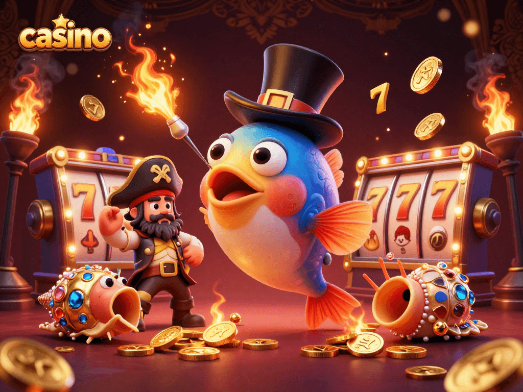 Engage in casino fun with glowing anglerfish, pirate shrimp, and gem snail amidst lively slot reels.