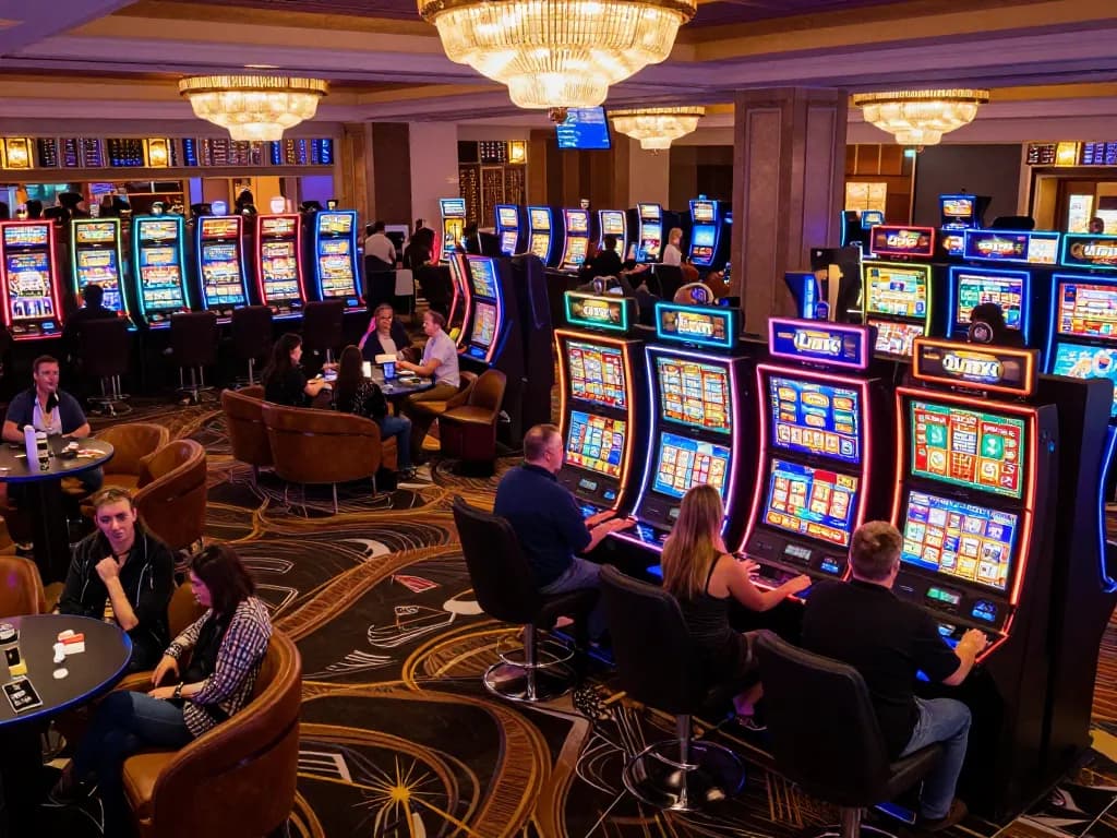 Excited players engage with various Link Slot machines in a vibrant casino atmosphere.