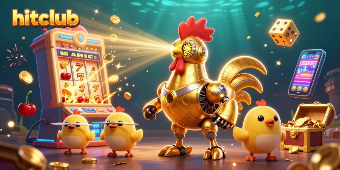 Hitclub showcases a golden rooster robot with baby chick drones amidst a dynamic casino celebration.