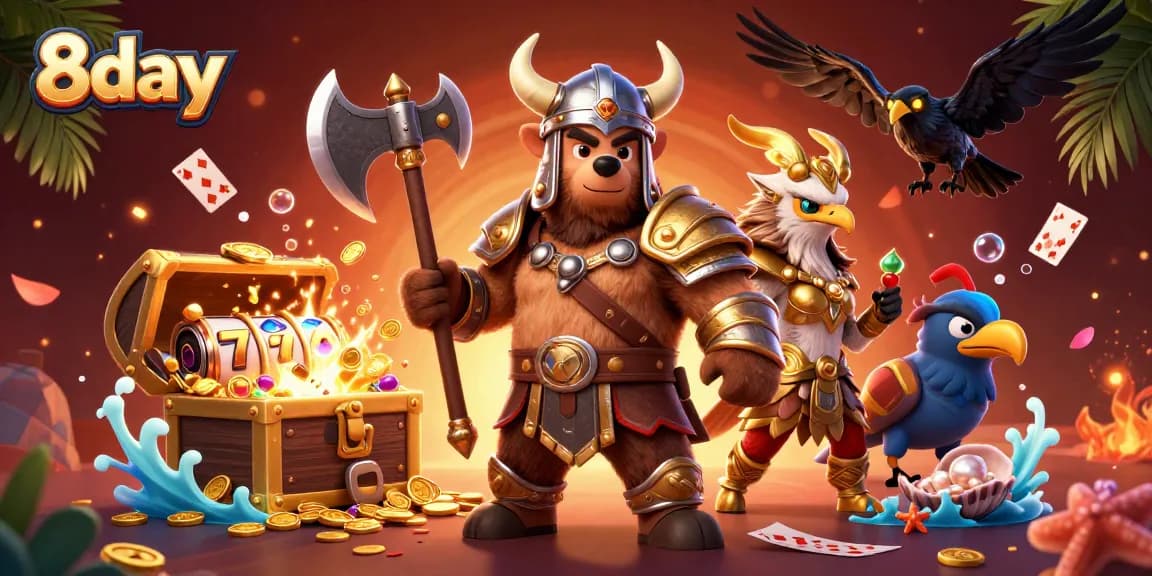 Experience thrilling adventures at 8day with a Viking and Valkyrie in a dynamic casino scene.