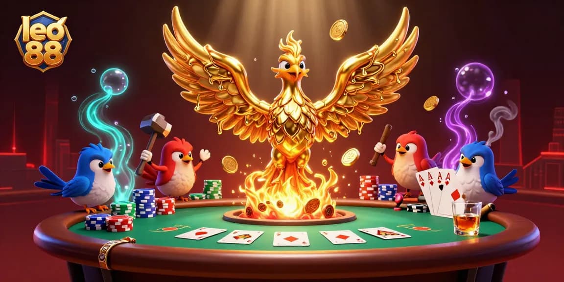 Experience thrilling poker action with leo 88’s golden phoenix and vibrant casino elements.