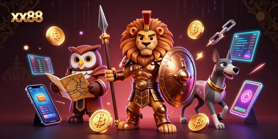 Bet on xx88 with a vibrant display of gaming excitement, featuring a lion hero and crypto elements.