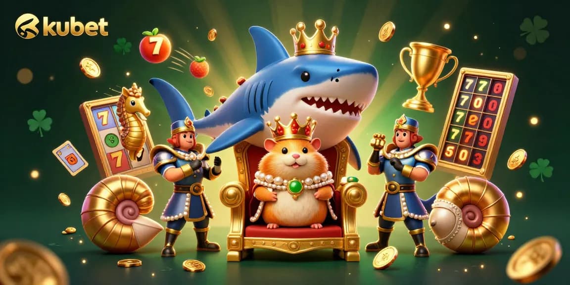 Kubet showcases an exciting casino scene with a fierce golden hamster king atop a megalodon throne amid dynamic slot game elements.