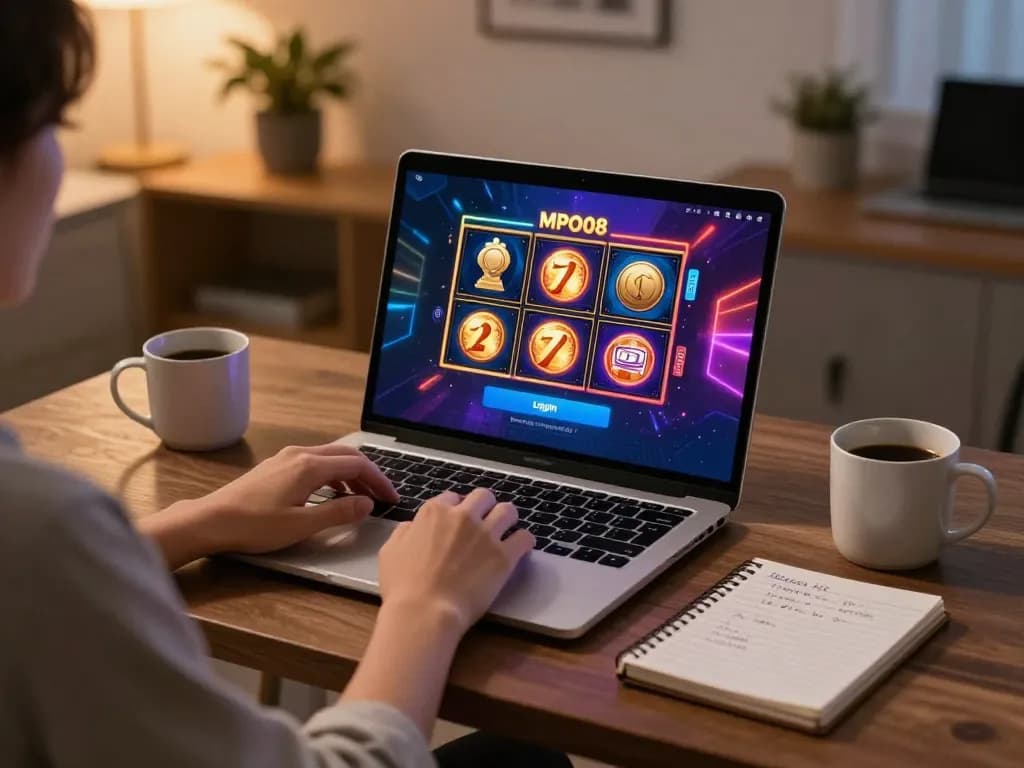 MPO08 Login 778 session depicted with engaged player at stylish home casino setup enjoying vibrant online gaming experience.