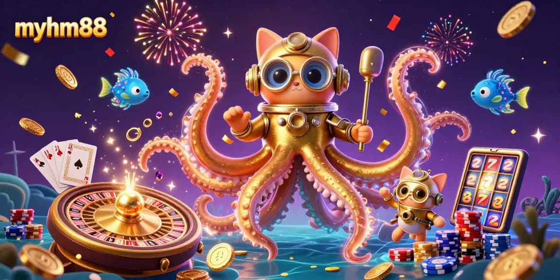 Win big at myhm88 with cascading golden coins and traditional casino elements in this vibrant illustration.