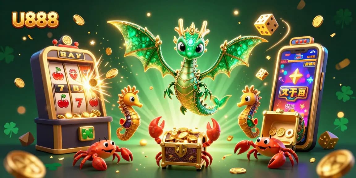 Engage with U888's thrilling casino adventure featuring a vibrant sea dragon, slot machines, and lively game elements.