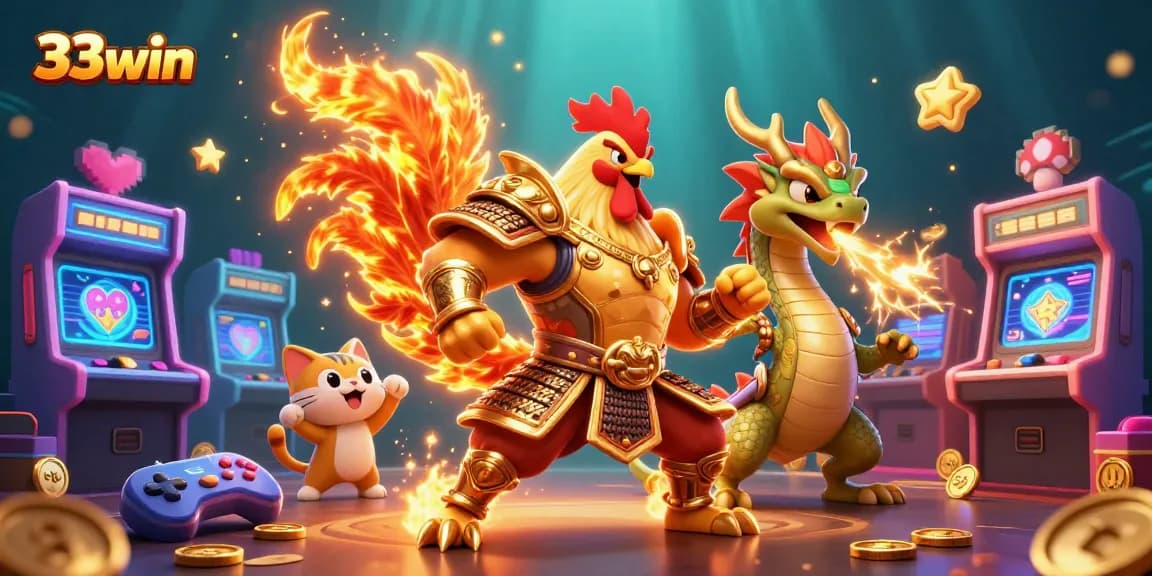 Catch the action at 33win, showcasing cartoon warriors and casino games in an exciting atmosphere.