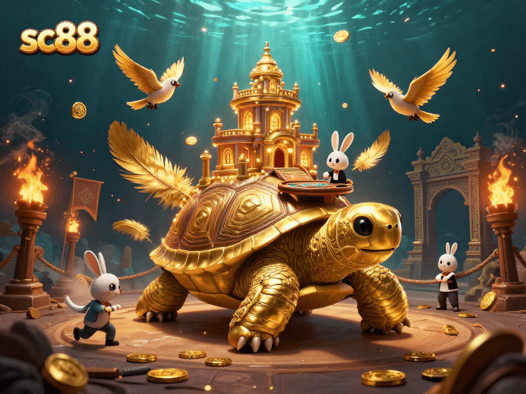 sc88 showcases an exciting casino scene with a golden tortoise hosting a card game and gold coins flying around
