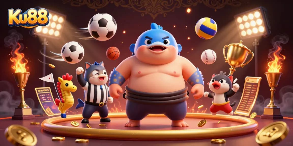 Join the sports action with Ku88's vibrant underwater casino featuring a blowfish sumo wrestler.