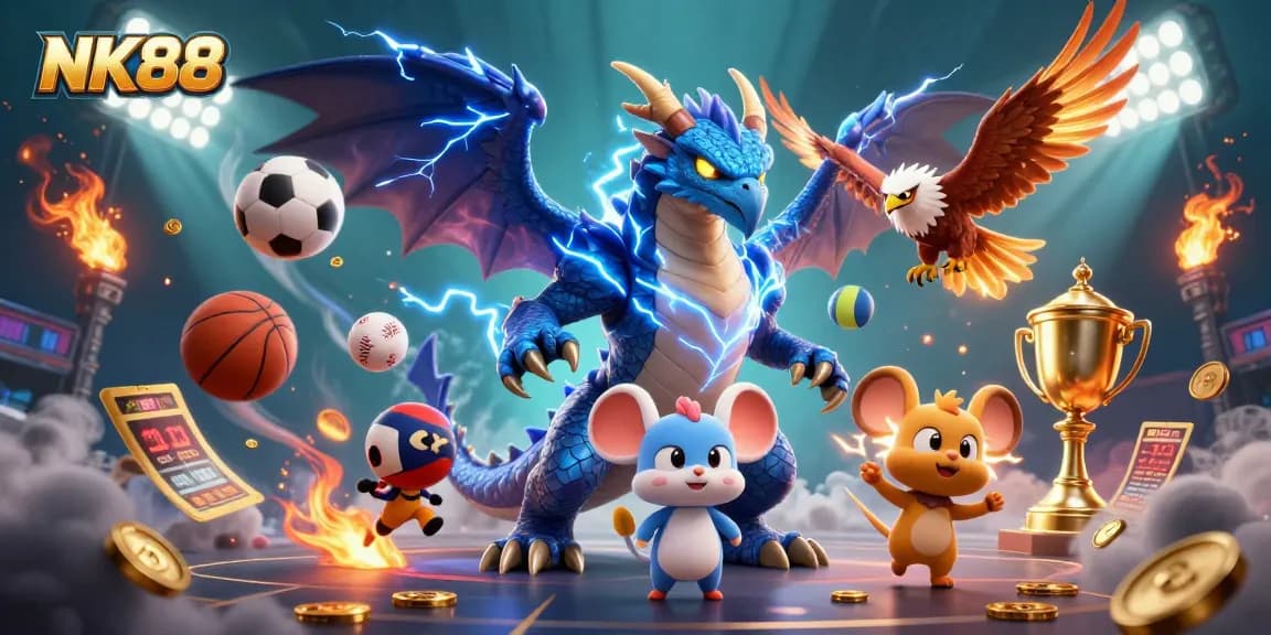 NK88 showcases a thrilling scene with a powerful thunder dragon, fierce wind hawk, and dynamic sports elements