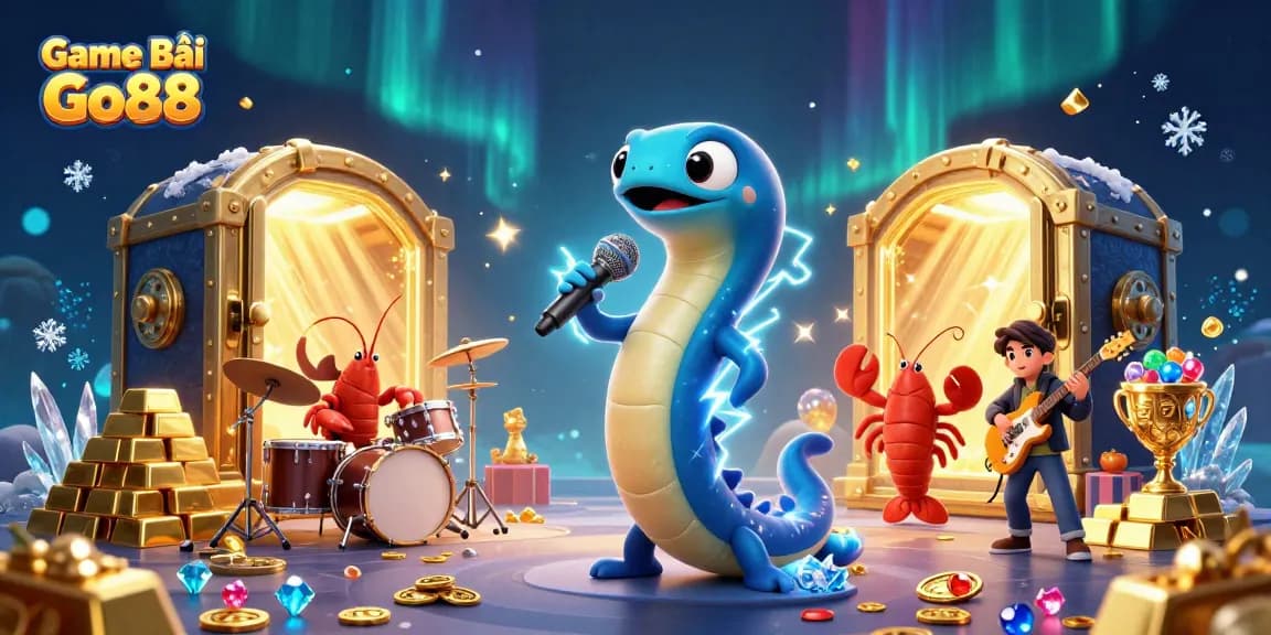 Game Bài Go88 showcases an electric eel DJ with dynamic slot symbols in an underwater casino.