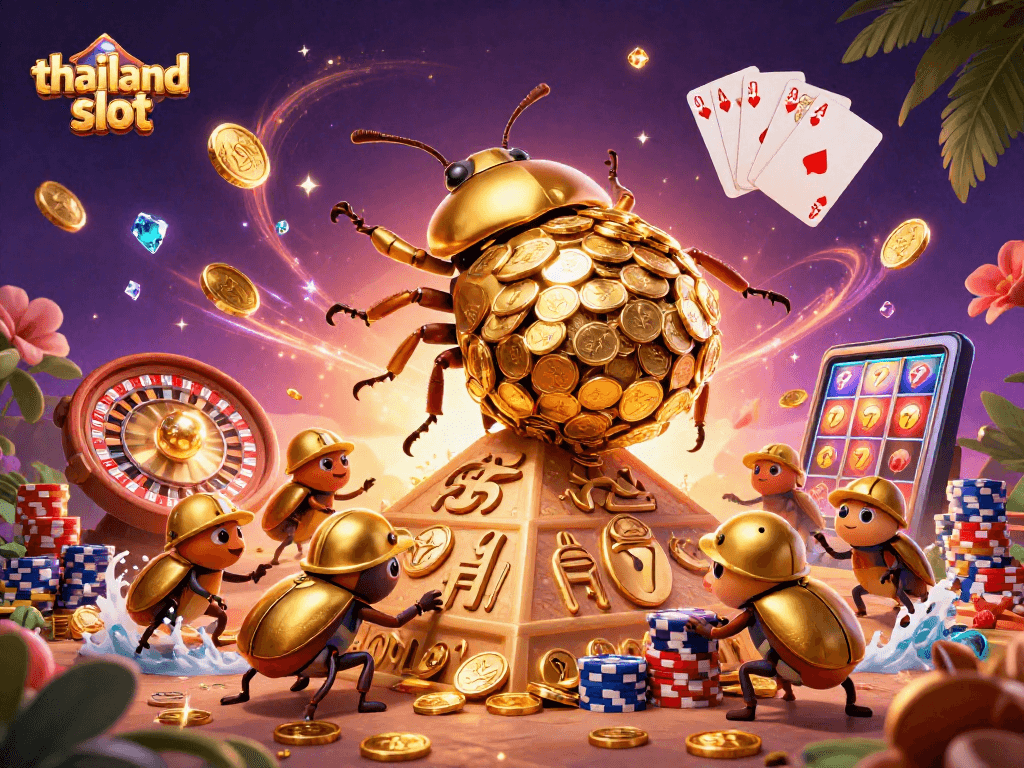 Engage with thailand slot action as golden beetles roll money towards a dazzling casino pyramid.