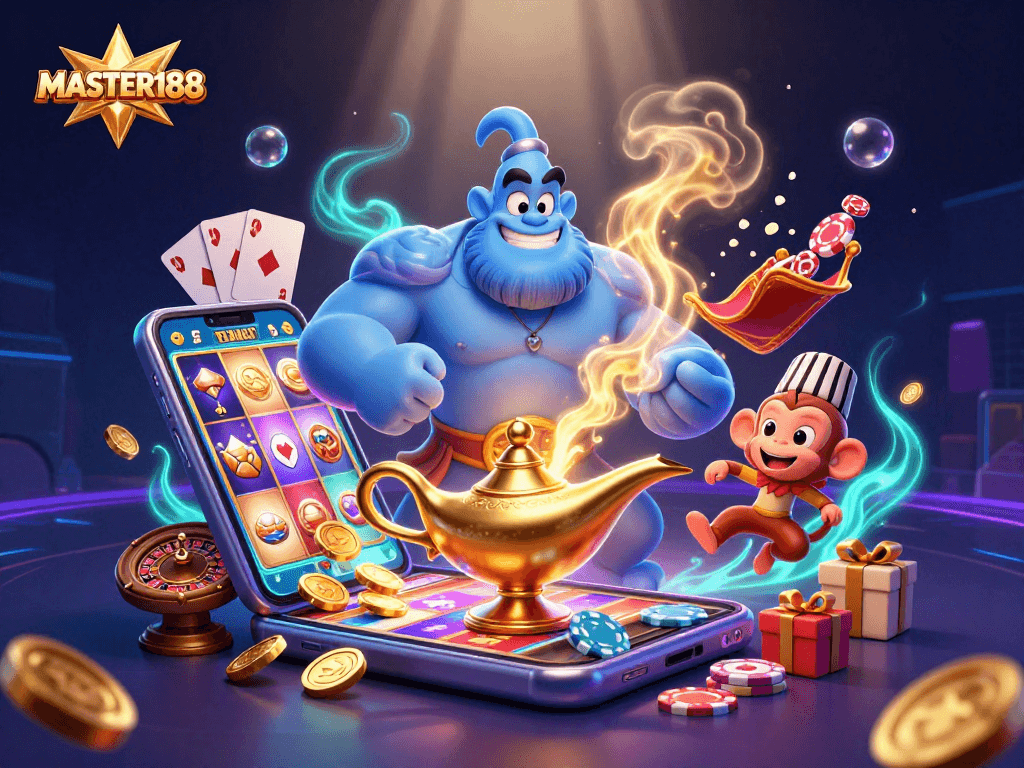 Master188 attracts players with an exciting 3D scene featuring a genie and magical casino elements.
