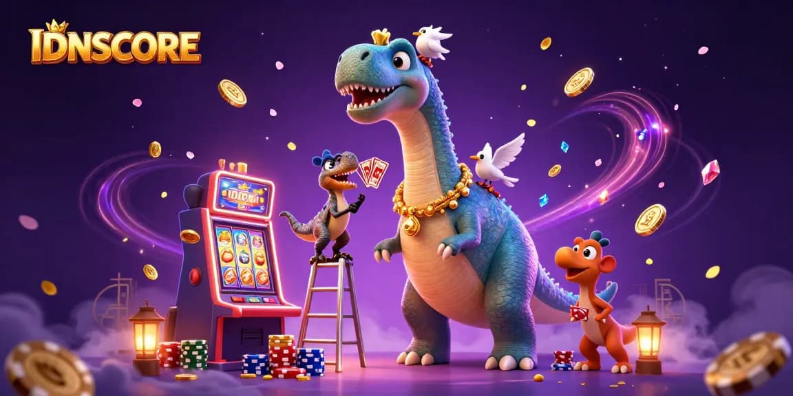IDNSCORE brings excitement with cartoon dinosaurs in a vibrant casino setting, showcasing action-packed slot games.