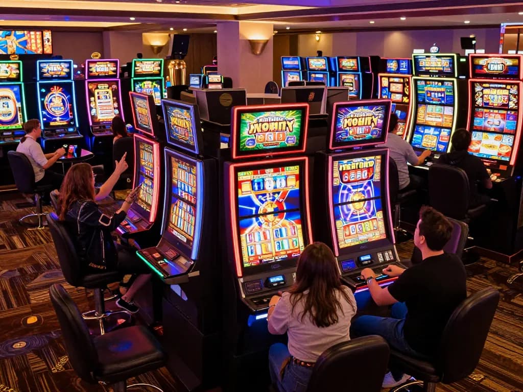 Experience the thrill of winning at vegasslot77 with vibrant slot machines and excited players.
