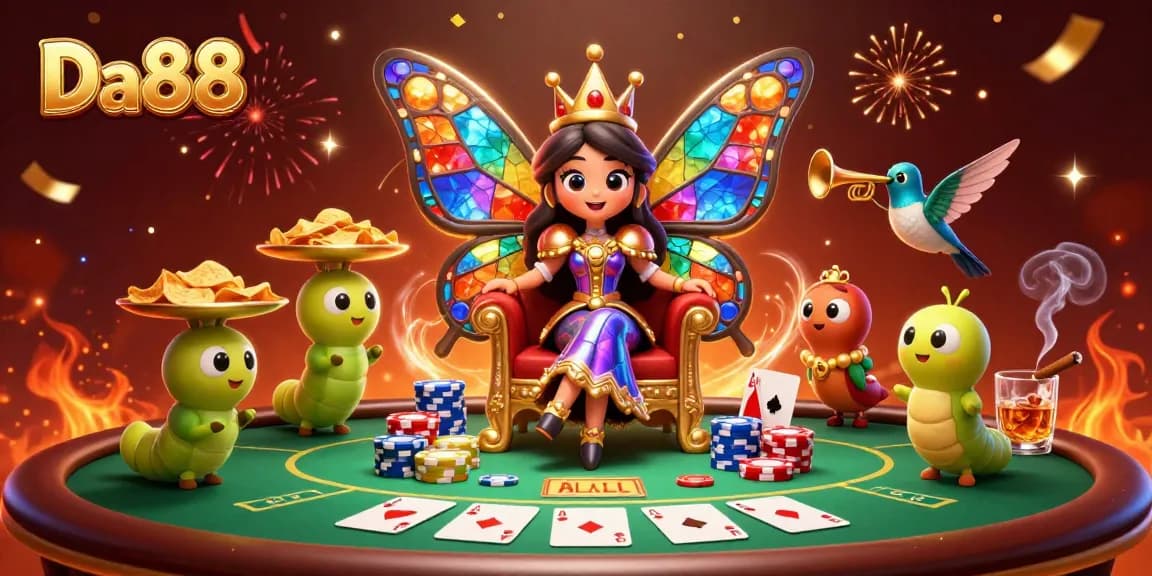 Play with Da88's butterfly queen in a vibrant 3D casino scene full of poker excitement.