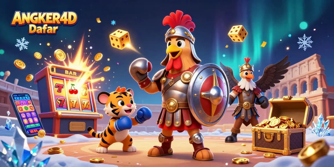 Play and win on ANGKER4D Daftar with exciting slot machines and casino games in a lively arena scene.