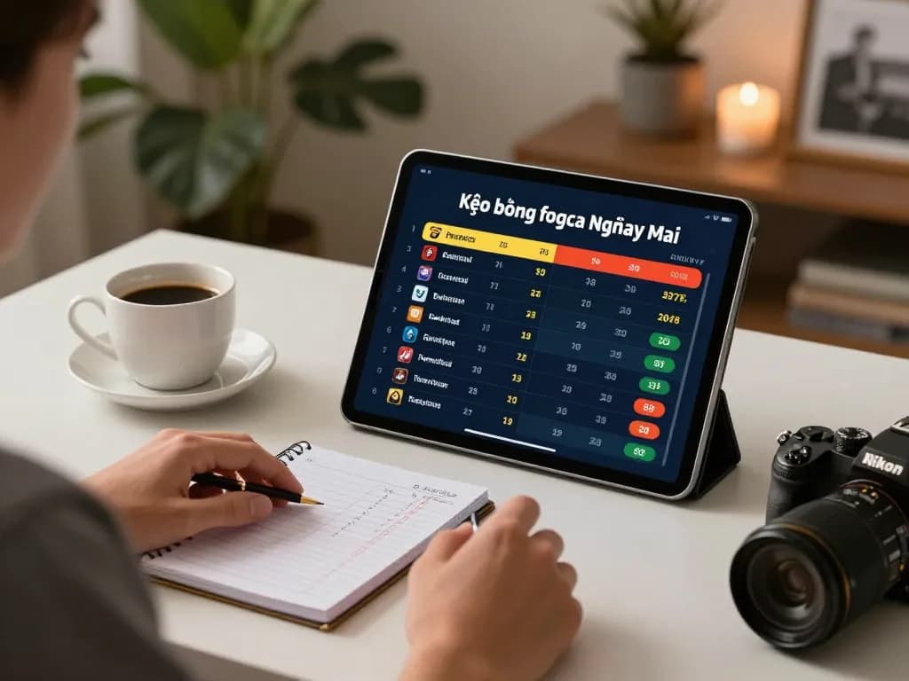 Engaging in kèo bóng đá ngày mai with live betting on a tablet in a stylish home office setting.