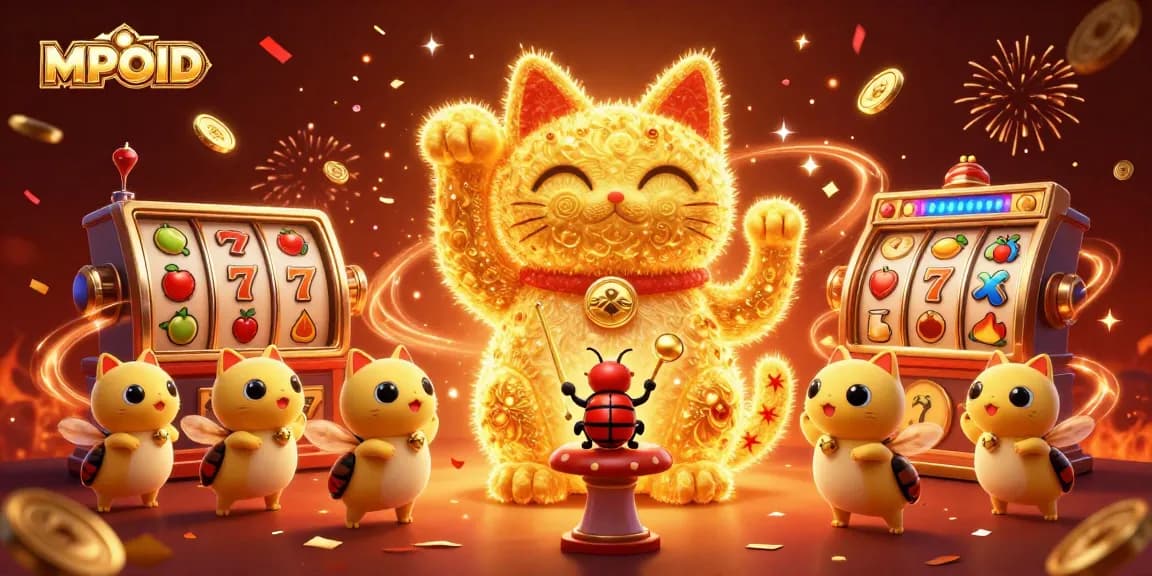 MPOID engages players with a dynamic scene of a lucky cat formed by fireflies, surrounded by vibrant slot machine elements.