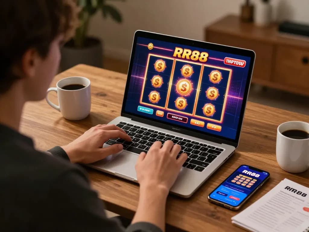 Engaged player enjoying RR88 slot games on a laptop while strategizing with notes.