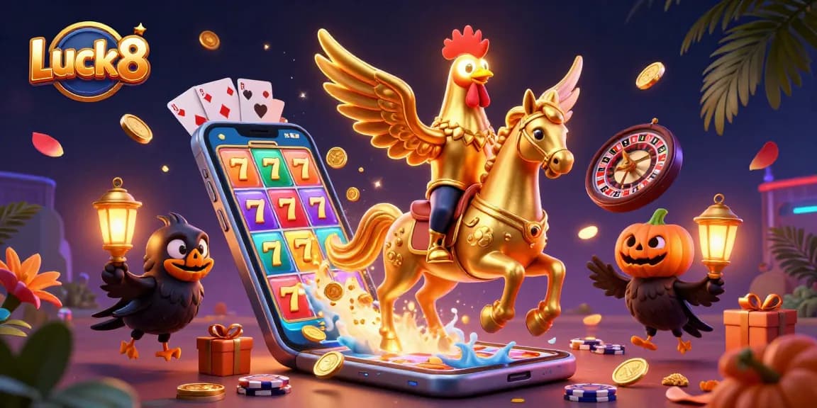 Join the thrilling action at Luck8 with a vibrant casino scene featuring golden rooster and mystical elements.