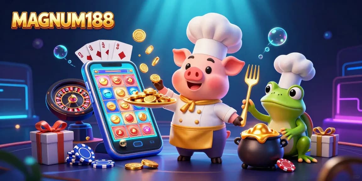 Engage with MAGNUM188's vibrant slot scene, featuring gold coins, a quirky chef pig, and lively gameplay elements.
