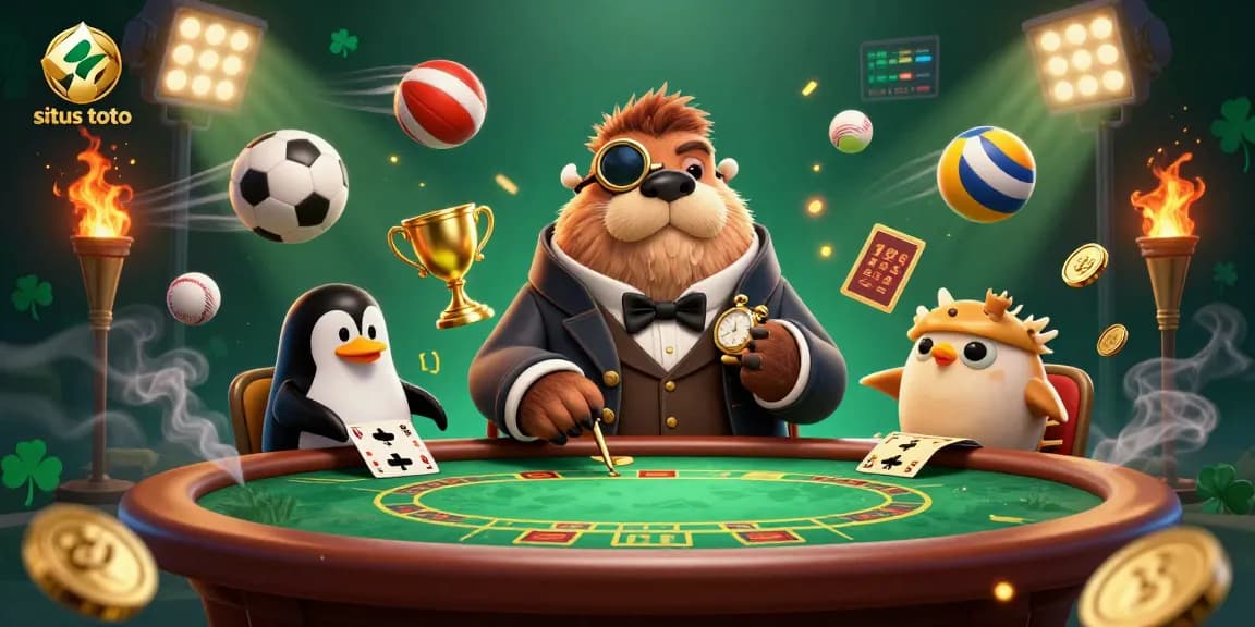 Experience situs toto with a jolly walrus at an underwater poker table, showcasing high-stakes action.
