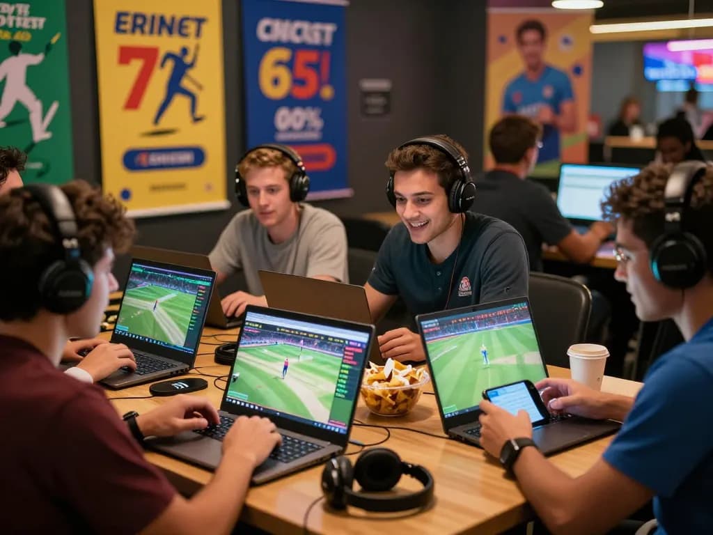 Exciting cricket bonus site scene with friends discussing betting strategies in an online casino.
