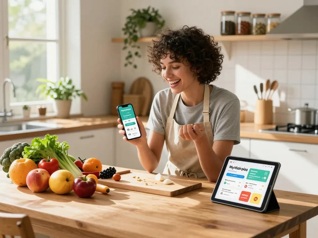 Using My Fairplay app on smartphone in a bright kitchen while preparing fresh groceries.