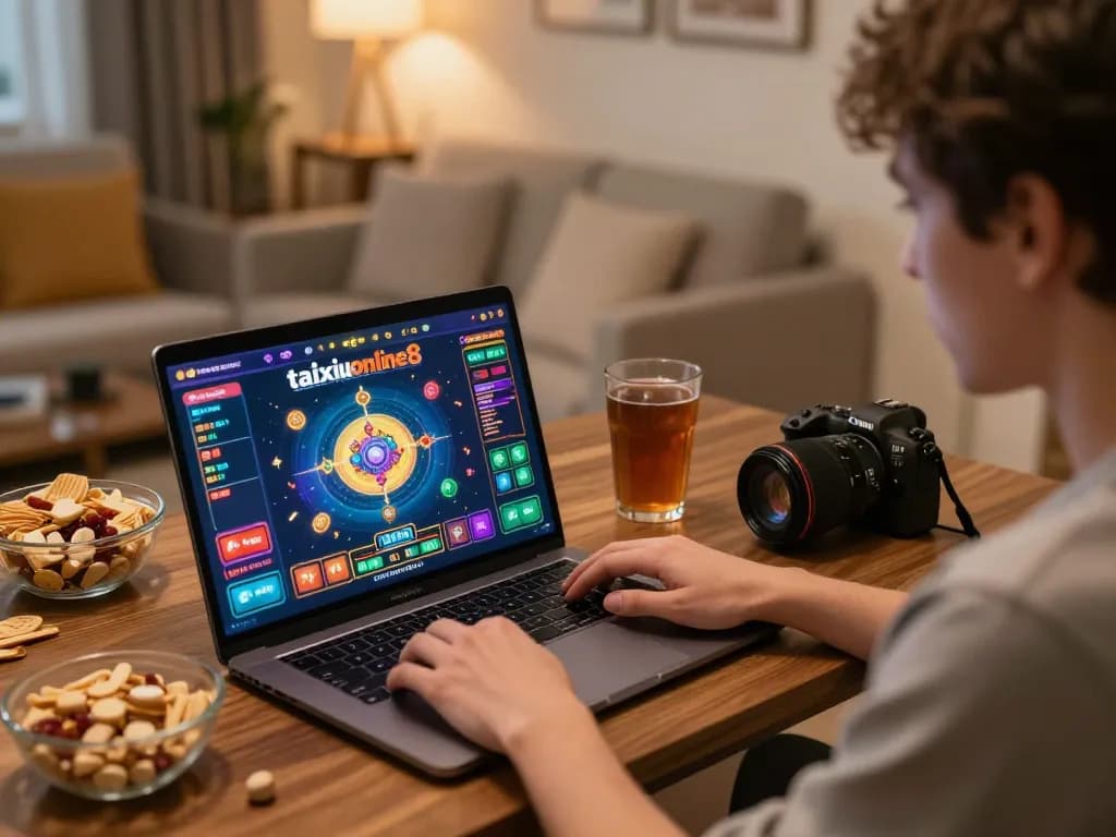 Player engaging with taixiuonline8 during an online casino session at home, showcasing vibrant gaming interface and cozy atmosphere