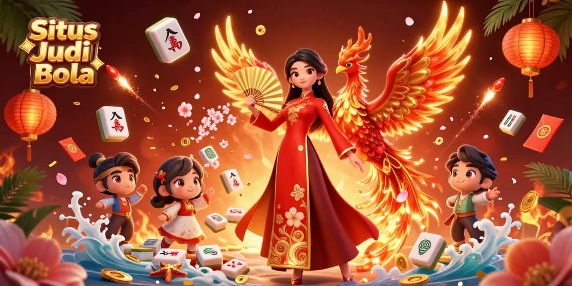 Situs Judi Bola showcases dynamic bets in a vibrant casino scene with a beautiful woman and phoenix