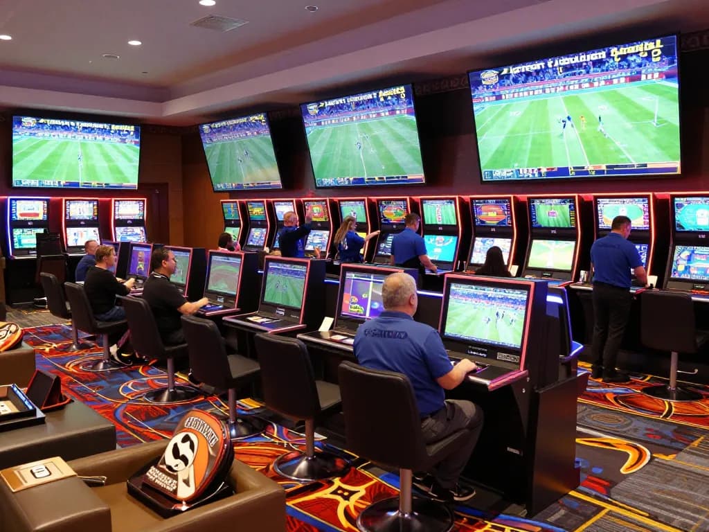 Engaged bettors at a luxury casino's sports betting area enjoying the excitement of wagering, selfieplasticsurgeries methods highlighted.
